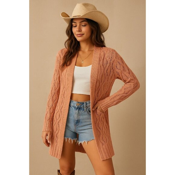 Derek Heart Peach Crochet Cardigan Women's S - Y2K Open Knit Sweater Layer Boho - Picture 1 of 12